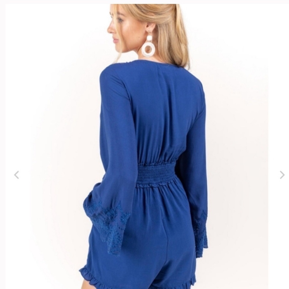 Francesca's Blue Rain Navy Embroidered Long sleeve Tie Knit Romper - Picture 2 of 7